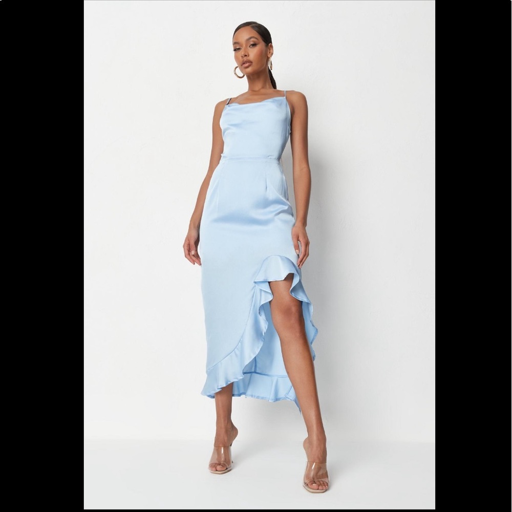 🦋Blue Satin Ruffle Side MIDI Dress🦋